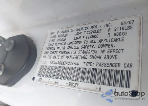 2007 Acura Tl 3.2 из США, поврежденный, VIN 19UUA662X7A032700